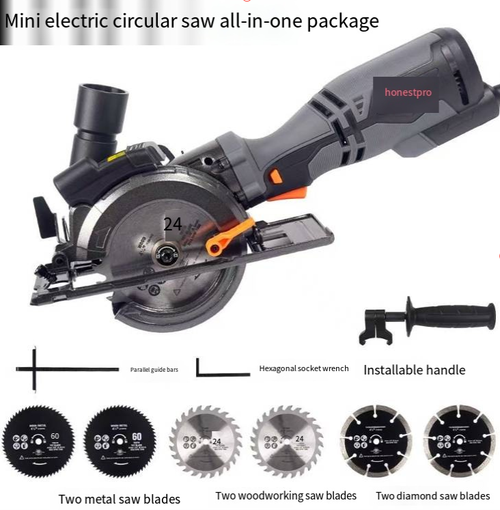 A small handheld electric circular saw, with powerful cutting force and smooth operation, can be used for cutting various materials such as wood, tiles, and metal. It is portable and easy to operate with one hand, equipped with a guide plate to assist in precise cutting. It also has multiple safety protections. It is an economical and high-performance cutting tool for woodworking DIY, household repairs, and construction work.