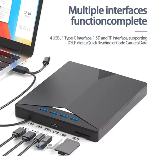 Seven-in-One Multi-functional External DVD Drive, supporting high-speed reading and writing of DVD CD, comes with 4 USB interface expansions, plug-and-play without drivers, compatible with Windows and macOS systems, lightweight, portable, shock-resistant and durable. It easily solves the problems of no optical drive in computers and insufficient interfaces for disc usage. One device meets various office and usage needs.