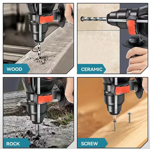 The 21V brushless lithium battery hammer features a high-power brushless motor, with a rotational speed of 1150 rpm and 4500 impacts per minute. It can be used as a hammer, pick, or drill, suitable for drilling and slotting in concrete. It has a long battery life with dual lithium batteries, and its industrial-grade body is sturdy and durable. It is low-noise and dust-free, making it a multi-functional impact tool for home decoration construction, industrial maintenance, and outdoor work.