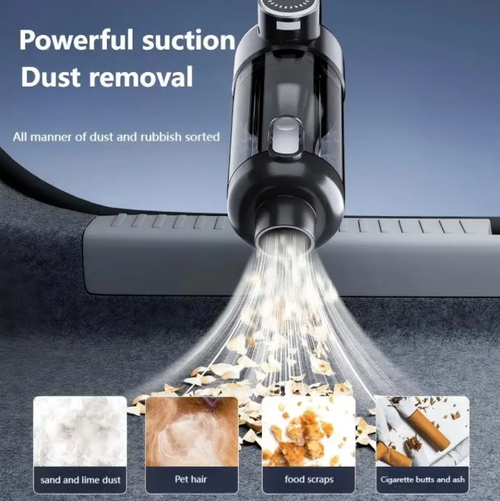 Wireless handheld and vehicle-mounted vacuum cleaner, with high power suction, capable of handling both dry and wet waste + combining suction and blowing functions. It can remove dust, debris, and wet garbage. With one-button dust discharge without dirtying hands, the filter can be washed and maintains long-lasting suction. The body is small and portable, ensuring no cleaning blind spots inside the vehicle. It is an essential cleaning tool for car owners.