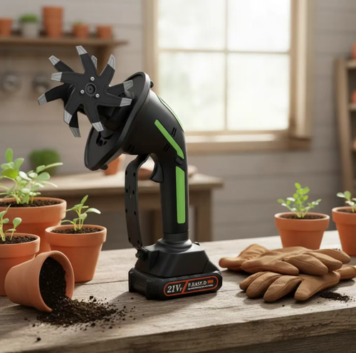 21V Lithium-Ion Handheld Soil Tiller, cordless and portable with no restrictions. The alloy blade head efficiently loosens the soil and weeds. The adjustable extension rod allows for standing operation with a back support. It is lightweight and easy to use, suitable for women as well. It is compatible with various scenarios such as vegetable gardens, flower gardens, and potted plants. It is an efficient soil turning tool for home gardening.