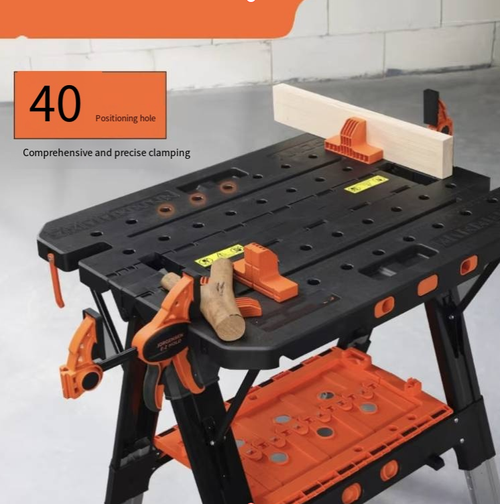 Multi-functional folding woodworking workbench, which can be folded and raised without occupying space. It has strong clamping function and can fix the workpiece without slipping. The workbench surface is equipped with a scale ruler and positioning holes. Below it is a tool storage tray. It is portable and easy to move. It makes manual creation and maintenance work more efficient and worry-free. It is an ideal tool for DIY enthusiasts and maintenance technicians.