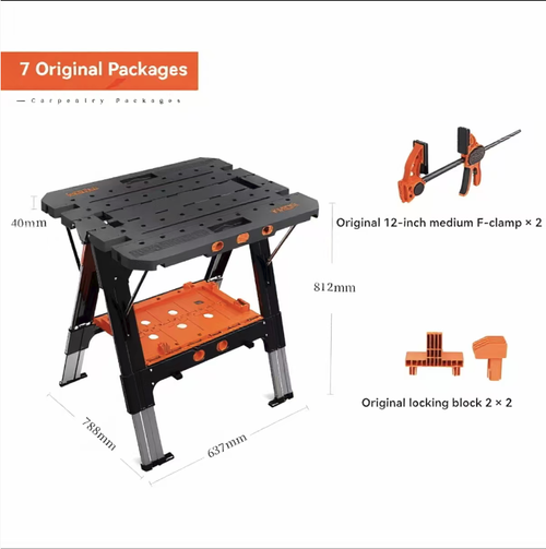 Multi-functional folding woodworking workbench, which can be folded and raised without occupying space. It has strong clamping function and can fix the workpiece without slipping. The workbench surface is equipped with a scale ruler and positioning holes. Below it is a tool storage tray. It is portable and easy to move. It makes manual creation and maintenance work more efficient and worry-free. It is an ideal tool for DIY enthusiasts and maintenance technicians.