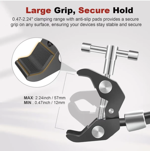 7-11 inch aluminum alloy magic arm stand, with crab-claw clamps for strong fixation, 360° adjustable universal joint, suitable for accessories such as monitors, lighting fixtures, microphones, etc. It is sturdy and durable, and is a practical expansion tool for photography live streaming creation. A set of brackets can meet various expansion needs, allowing you to easily create more creative shooting positions.