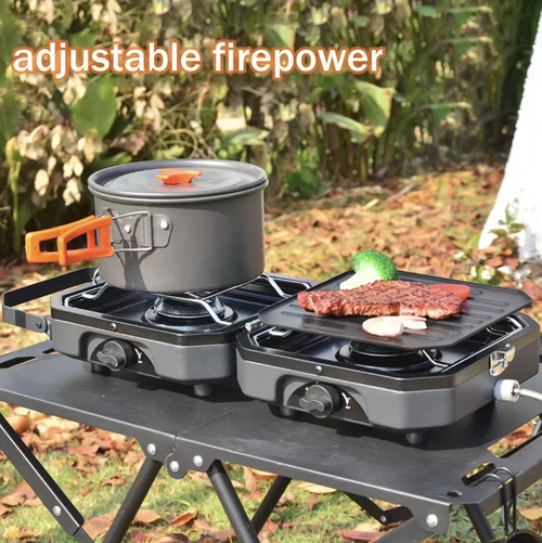 Outdoor double-head portable canister stove, with independent firepower for both burners, capable of simultaneously frying, roasting and cooking. The folding integrated design is portable and easy to carry. It features wind-proof and multiple safety protections, and is compatible with various gas tanks. It is an essential stove for outdoor enthusiasts to enjoy delicious camping experiences. Make the outdoor dining experience more diverse.