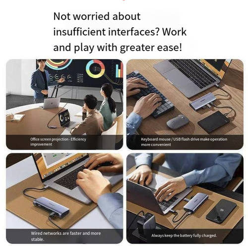 The Five-in-One Type-C Expansion Dock integrates USB3.0 splitter, 4K HDMI projection screen, and 100W PD fast charging functions. It is plug-and-play compatible with multiple systems and has an aluminum body that is portable and durable. It is an efficient office tool for light laptop users to solve the problem of interface anxiety. Make your notebook easily meet the diverse office needs in various scenarios.