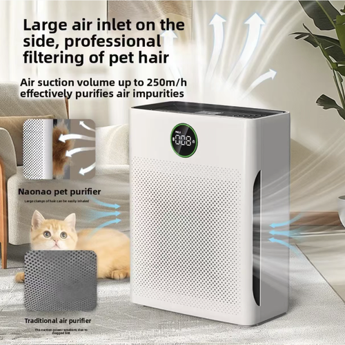 Home pet air purifier, specially designed for pet-owning families. It efficiently absorbs pet dander and hair, and is equipped with a dual filtration system to remove odors and allergens. With intelligent digital display and multiple adjustment settings, it is quiet and low-noise. It is the ultimate air purification device for pet-owning families to get rid of pet dander odors. Make pet-owning life more refreshing and comfortable