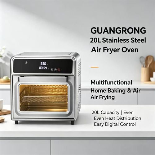 Guangrong 20L Stainless Steel Air Fryer Oven for Home, Multifunctional 2-in-1 Electric Oven. Oil-free air frying with hot air circulation, intelligent precise temperature control, double-layer racks. Visible window for real-time monitoring, all-in-one for frying, baking, roasting and grilling. Stainless steel body is durable and easy to clean, safe, energy-saving and simple to operate, ideal for home use, baking, barbecue and healthy light meals.