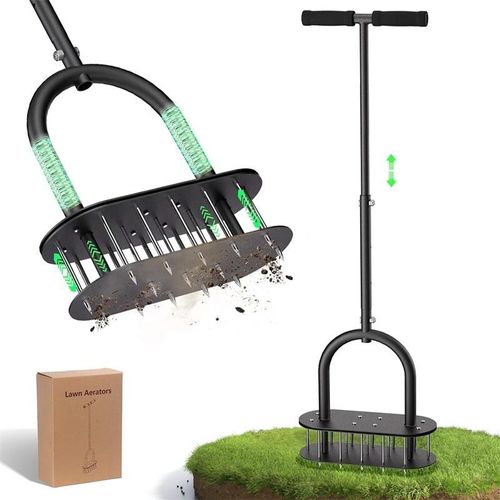 New cross-border standing garden lawn tiller integrates soil loosening, aeration, grass loosening and weeding. Standing design requires no bending, labor-saving and efficient, suitable for courtyards, orchards, vegetable gardens and lawns. Thick metal tines are sturdy and wear-resistant, improving soil compaction and permeability. Easy to install, safe to operate, rust-proof, lightweight and easy to store, comfortable handle, ideal gardening tool.