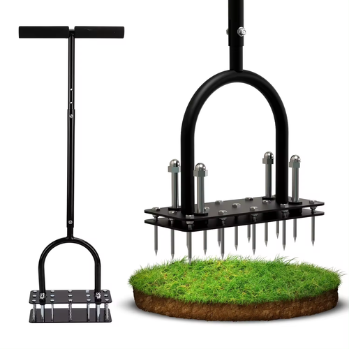 New cross-border standing garden lawn tiller integrates soil loosening, aeration, grass loosening and weeding. Standing design requires no bending, labor-saving and efficient, suitable for courtyards, orchards, vegetable gardens and lawns. Thick metal tines are sturdy and wear-resistant, improving soil compaction and permeability. Easy to install, safe to operate, rust-proof, lightweight and easy to store, comfortable handle, ideal gardening tool.