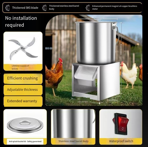 This household multi-functional stainless steel grinder can quickly chop vegetable feed, suitable for both the feeding scenarios for poultry farming and the preparation of dishes in the kitchen. It is compatible with both the feeding for chickens and the preparation of dishes in the kitchen. Made of stainless steel, it is durable, easy to clean, runs stably and safely, and is an efficient and effortless tool for household farming and kitchen dish preparation.