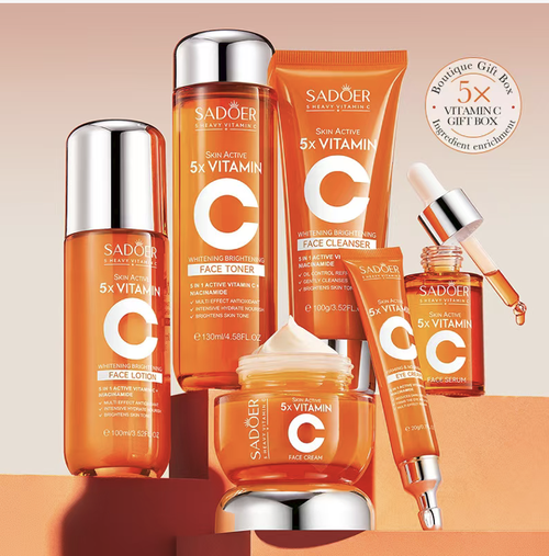 The Five-Dimensional C Brightening Skin Care Set includes six items: facial cleanser, water, essence, lotion, cream, and eye cream. It uses a highly active vitamin C formula to improve dullness, brighten the skin tone, and provide both moisturizing and repair benefits. The texture is refreshing and easily absorbed. The gift box is beautifully designed and suitable for both personal use and as a gift.