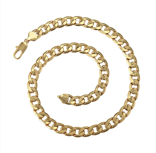 Men's 18K gold texture NK chain, with a classic Cuban chain design that is sleek and stylish. The electroplating process ensures color retention and long-lasting wear. The chain links are sturdy and unlikely to break. This necklace can be used as a bracelet as well, suitable for various fashion styles. It is a versatile must-have accessory for both daily and street looks. It is the key item for enhancing the texture of the design.