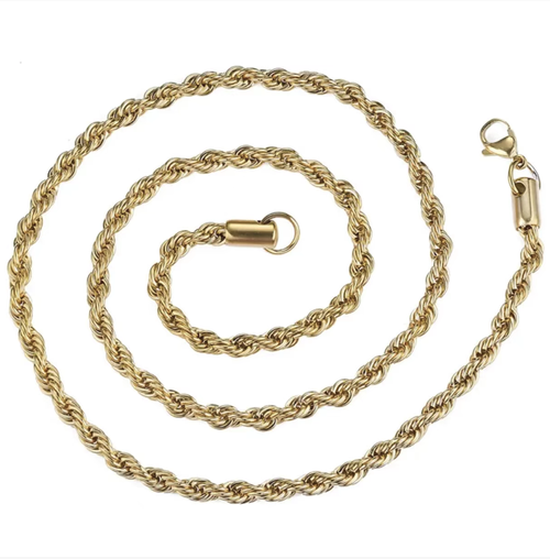 Hip-hop style stainless steel twisted rope chain, available in 3-10mm multiple sizes. 24K color-protective electroplating prevents color fading. The three-dimensional weaving texture gives a street style feel. It can be used as both a necklace and a bracelet. It is sturdy, durable and not prone to allergies. It is a versatile trendy accessory for creating personalized outfits. It is a must-have for trendy people in their daily wear.