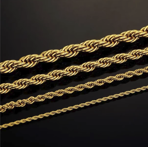 Hip-hop style stainless steel twisted rope chain, available in 3-10mm multiple sizes. 24K color-protective electroplating prevents color fading. The three-dimensional weaving texture gives a street style feel. It can be used as both a necklace and a bracelet. It is sturdy, durable and not prone to allergies. It is a versatile trendy accessory for creating personalized outfits. It is a must-have for trendy people in their daily wear.