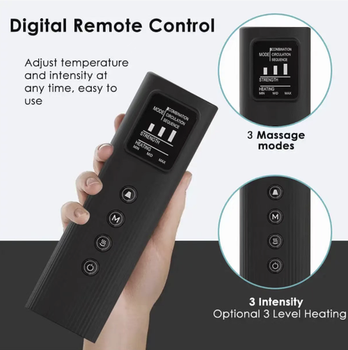 Full-leg air pressure hot compress massage device. It uses segmented airbags to knead the sole of the foot to the knee. Multiple pressure levels can be adjusted. The knee is heated continuously to relieve joint discomfort. It can be controlled with one button and is easy to operate. It can be folded and stored for portability. It is a thoughtful care product for people who stand or sit for long periods, to relieve their legs.