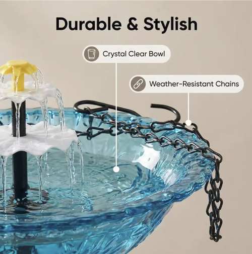 Solar waterfall bird bath fountain, with no plug-in design. The double-layer waterfall nozzle produces a gentle flowing water sound. The glass bird bath basin can attract birds to settle. It can be hung or placed, suitable for various outdoor scenarios. Regular cleaning can keep the water clear, and it is easy to create a soothing courtyard water feature. It is a good decorative and practical item for outdoor water features.