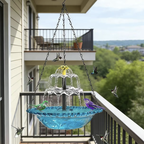 Solar waterfall bird bath fountain, with no plug-in design. The double-layer waterfall nozzle produces a gentle flowing water sound. The glass bird bath basin can attract birds to settle. It can be hung or placed, suitable for various outdoor scenarios. Regular cleaning can keep the water clear, and it is easy to create a soothing courtyard water feature. It is a good decorative and practical item for outdoor water features.