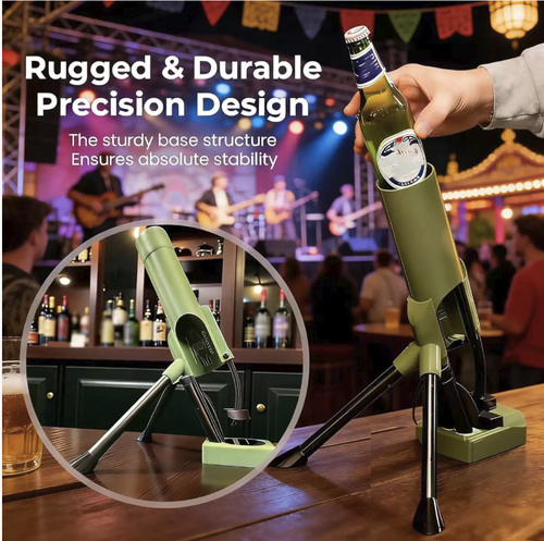 A creative opening tool in the shape of a mortar, designed to mimic the style of military equipment. When opening the bottle, the bottle cap pops out like a shell fired by a mortar, presenting a lot of fun. The effortless opening structure is compatible with most beer bottle caps, and it can also be used as a trendy tabletop decoration. It is a fun item suitable for gatherings and as a gift. It is a creative and practical good.