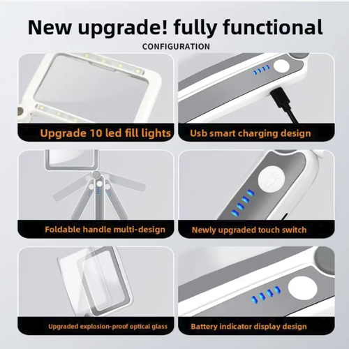Square handheld LED magnifying glass, with high-definition lens providing wide field of vision, 10 LED lights with three adjustable soft lighting modes. USB charging with battery level display. Foldable handle for portability. Touch control switch for easy operation. It is a practical tool for the elderly for reading and detailed work. It is suitable for both night reading and detailed tasks. Reading and observation become more effortless.