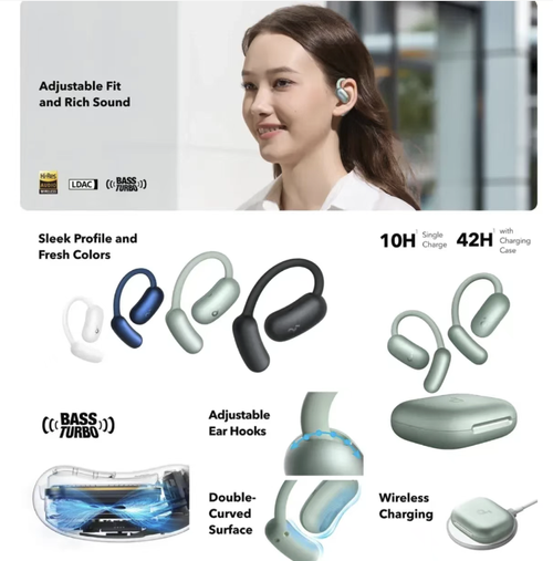 Open-type over-ear Bluetooth headphones, Adjustable ear hooks that do not go into the ear, providing a comfortable wearing experience. Six-layer acoustic technology creates high-quality sound. AI multi-language real-time translation efficiently solves cross-language communication problems. Bluetooth 5.4 dual connection,  long battery life, IP55 waterproof, suitable for both office and sports use.Hurry up and place your order!
