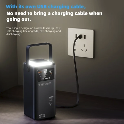 A 20000 mAh battery with four charging ports, featuring a 22.5W high-power fast charging function, can supply power to multiple devices simultaneously. The top is equipped with multiple camping lighting fixtures, featuring a portable design, intelligent digital display of battery level, multiple safety protections, and is suitable for use in camping, live streaming, and outdoor travel emergencies.