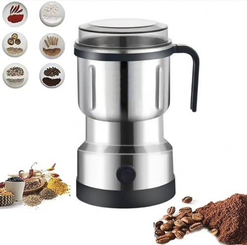 A stainless steel grinder with a handle, the food-grade stainless steel body is rust-proof and easy to clean. It has a one-button start stop operation that is simple. The high-speed blades can grind medicinal herbs, coffee beans, and grains and spices. The transparent cover allows you to see the grinding status. The anti-slip base ensures stable operation. It is convenient to disassemble and wash. It is suitable for household use for grinding powder, making baby food, and baking.