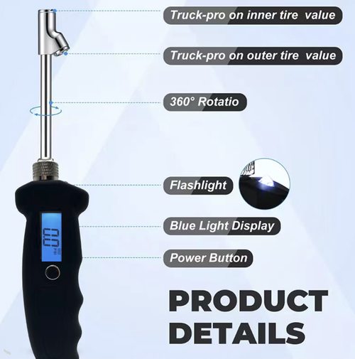 Double-head extended probe digital tire pressure gauge, suitable for both cars and heavy trucks. Metal connectors do not leak air. The luminous LCD screen provides clear readings at night. Multiple unit switching for precise measurement. Anti-slip handle for one-handed operation. Resistant to shock and durable. Self-checks tire pressure before driving to prevent tire blowouts. Suitable for both household auto repair and commercial use.