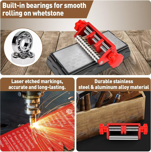 Aluminum alloy woodworking angle grinder with double-screw chuck for stable clamping, roller guide rail maintaining a constant grinding angle. Equipped with double-sided diamond grinding stones for roughing and fine polishing. Multiple-angle calipers are compatible with various chisels and plane blades. Anti-slip base is easy to clean. Ideal for beginners to smoothly and evenly sharpen sharp edges. Suitable for woodworking workshops and general household use.