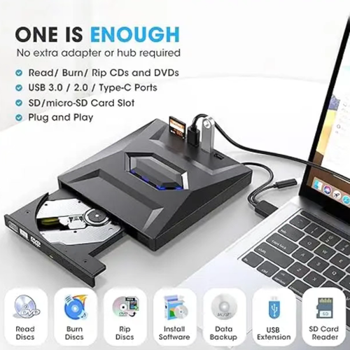 Seven-in-One Multi-functional External DVD Burning Drive, equipped with USB and Type-C dual interfaces, integrating multiple USB ports and dual card slots. Plug-and-play without drivers, shock-resistant and quiet mechanism, smooth reading, writing and burning of discs. Lightweight and portable, compatible with computers. Multi-functional use for audio-video playback, file backup and peripheral expansion.