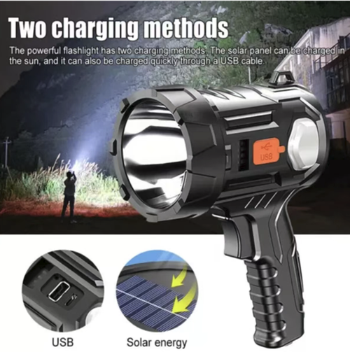 LED high-intensity handheld spotlight, with a large focused cup for long-distance bright projection, multiple lighting adjustment settings. Comes with built-in solar power supply, supports USB reverse charging for mobile phones, has a non-slip, shock-resistant and waterproof body. Suitable for outdoor patrol, fishing, household use and emergency situations. Long battery life to meet all-day lighting needs.