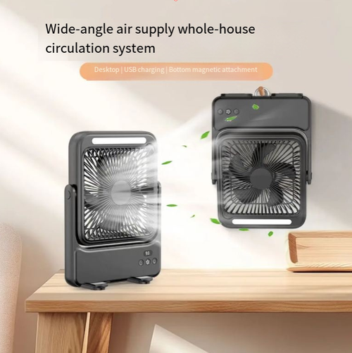 Magnetic portable charging fan. The body can be rotated at multiple angles. It comes with a long strip of soft light for illumination. The digital display screen shows the remaining battery power in real time. It has multiple silent air delivery modes. The large-capacity battery provides long-lasting power. It supports USB reverse charging. It is suitable for camping, fishing, home use, street vending, and is usable both indoors and outdoors.