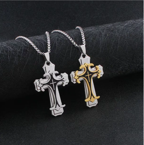 Retro double-layer engraved cross pendant necklace. The mirror-polished metal is resistant to fading. Available in black gold and pure silver colors. It is paired with a smooth dragon bone fine chain. It features a punk-Amero-European minimalist style. Suitable for both men and women, it can be matched with sweatshirts, leather jackets, or workwear. It is a stylish accessory that is both eye-catching and versatile, suitable for daily streetwear.