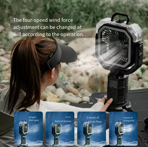 An outdoor multi-functional camping charging fan with a telescopic tripod stand that can be hung or placed horizontally. It can adjust the wind direction in 360°. It comes with a circular camping lamp, wireless remote control for timing, a large-capacity battery for long-lasting power, and supports reverse charging for USB phones. It is an indispensable multi-functional portable fan for outdoor activities in summer.