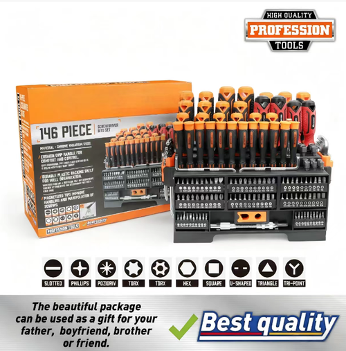 146 sets of magnetic screwdriver tool kits, including a complete set of bits, long-handled screwdrivers, hexagon wrenches and extension rods. The bits are highly magnetic and have anti-slip properties, making them less likely to fall off. The kits come with a compartmentalized vertical plastic storage rack for easy organization and quick access. This set is perfect for all kinds of repairs, including furniture, electronics, vehicles, plumbing and electrical work.