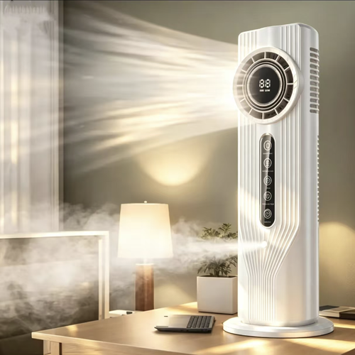 The new vertical desktop air conditioner features 6-speed wind adjustment with a vortex air duct, built-in mist humidification and ambient lighting. It has a 1-6 hour timer for automatic shutdown, a high-definition digital display screen, USB universal power supply, and low-noise operation. The compact design saves space and is suitable for offices, dormitories and homes. It combines cooling and moisture retention functions for summer use.