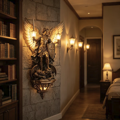 Michael Angel Sculpture Wall Lamp. Made of eco-friendly resin, finely carved. With a patinated bronze finish. The wings and base have warm light bulbs. During the day, it is a three-dimensional relief sculpture, at night, it provides soft supplementary lighting. It is securely hung and convenient to install. It has a retro and elegant style, suitable for decoration in the entrance, corridor, or lounge of your home.