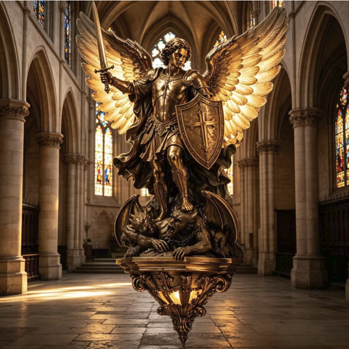 Michael Angel Sculpture Wall Lamp. Made of eco-friendly resin, finely carved. With a patinated bronze finish. The wings and base have warm light bulbs. During the day, it is a three-dimensional relief sculpture, at night, it provides soft supplementary lighting. It is securely hung and convenient to install. It has a retro and elegant style, suitable for decoration in the entrance, corridor, or lounge of your home.