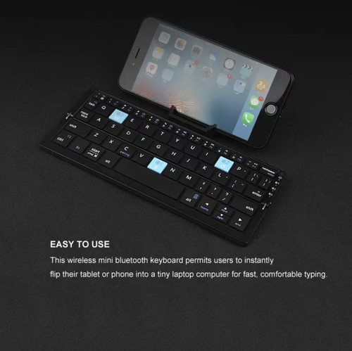 Portable folding Bluetooth keyboard. Folded for storage, it is small and easy to carry. The metal casing is sturdy and durable. Silent keys provide a comfortable feel. Bluetooth quickly connects to mobile phones and tablets. The tapping is quiet and comfortable. Type-C charging offers long battery life. Comes with a built-in device stand. A small keyboard for business trips, online classes and office work.