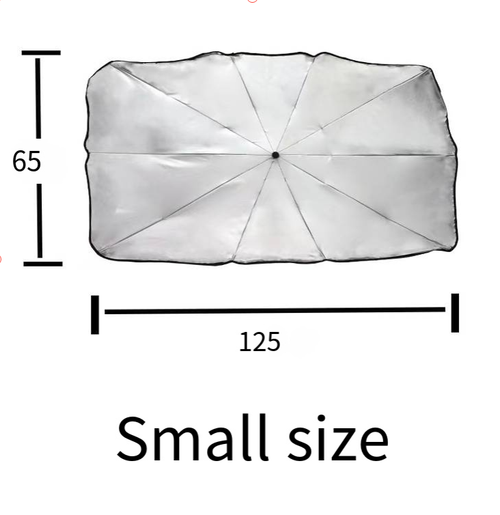 Large car front sunshade, size 125×65cm. Thick silver adhesive with strong reflective and heat-insulating properties, blocking ultraviolet rays and protecting the interior. The umbrella-style can be opened and folded with one button. No need for suction cups. It is small and compact, taking up little space. Suitable for small cars. Ideal for cooling and shading when parked outdoors, and also practical for blocking sunlight during the day in the car for a rest.