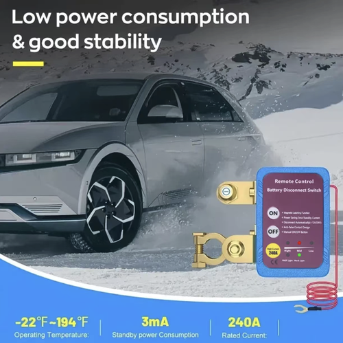 12V car battery intelligent power-off switch, with both remote control and manual control functions, capable of handling a maximum current of 240A. The pure copper connectors ensure stable conductivity and low power consumption during standby. It automatically cuts off power when the battery is low or there is leakage. Comes with two remote controllers, easy to install, suitable for cars, campers and trucks, providing long-term protection for the vehicle's electrical circuits and batteries.