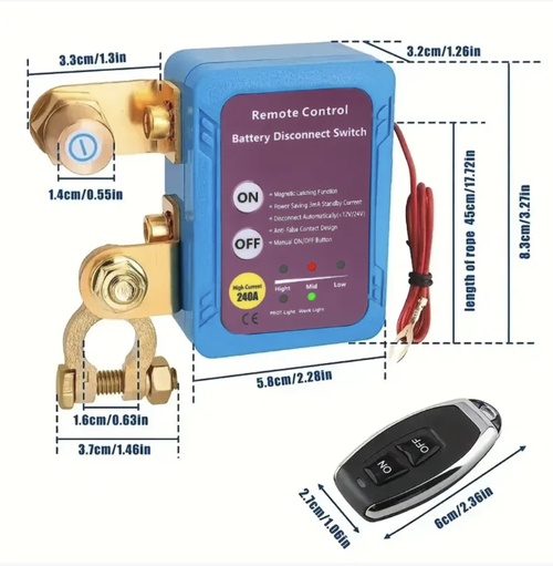 12V car battery intelligent power-off switch, with both remote control and manual control functions, capable of handling a maximum current of 240A. The pure copper connectors ensure stable conductivity and low power consumption during standby. It automatically cuts off power when the battery is low or there is leakage. Comes with two remote controllers, easy to install, suitable for cars, campers and trucks, providing long-term protection for the vehicle's electrical circuits and batteries.