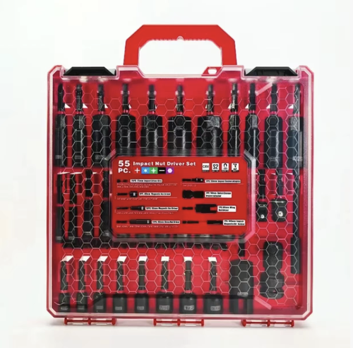 55-piece impact socket set of drill bit tools, made of alloy steel with hardened and torsion-resistant properties, featuring built-in strong magnetic attachment for screws and nuts. The set includes various lengths of sockets and drive connectors, suitable for impact drills, electric drills, auto repair, and general household disassembly and assembly. The transparent layered tool box is portable and can be easily stored, with items neatly organized for a complete repair kit.