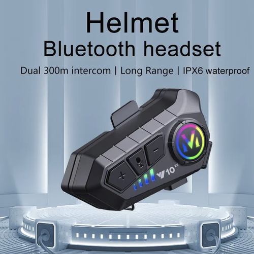 Bluetooth motorcycle helmet earphones compatible with both half and full helmets, featuring dual installation options—internal and external. Equipped with noise-canceling microphones for clear calls while riding, IP-rated waterproof design to withstand rainy weather, and RGB ambient lighting for enhanced visibility at night. Long battery life with Type-C fast charging, hands-free button control, ideal for food delivery riders, motorcyclists, and those needing music and navigation on the go.