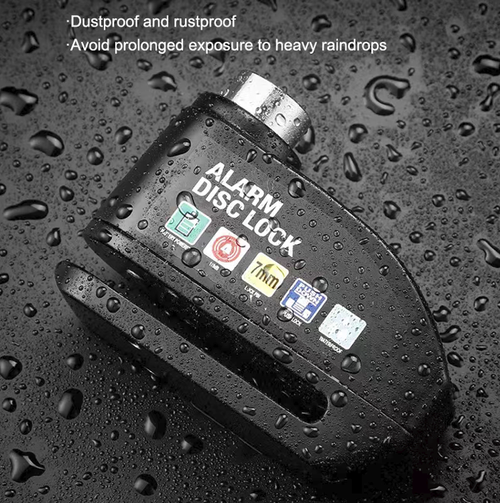 High-decibel alarm disc brake lock, 7mm thick alloy steel lock pin with anti-pick and anti-cut functions, triggered by vibration with an alarm of 110dB. One-click to lock, fully waterproof body, long battery life, portable and easy to store. Compatible with motorcycles, electric bikes, and bicycles. It is a practical protective tool for enhancing vehicle safety in outdoor parking. Safeguarding vehicle parking safety.