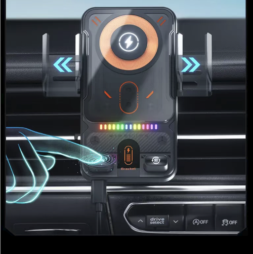 Infrared sensor car-mounted wireless fast-charging stand, automatically electrically clamps when close, high-power wireless fast-charging with ventilation holes, bottom RGB gradient atmosphere lights. Air outlet adjustable base with 360° angle adjustment, soft rubber non-slip surface to prevent damage to the phone, compatible with various wireless charging mobile phones, dual function of driving navigation and charging.