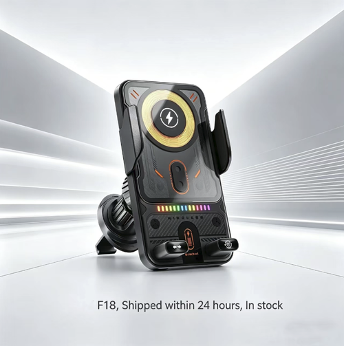 Infrared sensor car-mounted wireless fast-charging stand, automatically electrically clamps when close, high-power wireless fast-charging with ventilation holes, bottom RGB gradient atmosphere lights. Air outlet adjustable base with 360° angle adjustment, soft rubber non-slip surface to prevent damage to the phone, compatible with various wireless charging mobile phones, dual function of driving navigation and charging.
