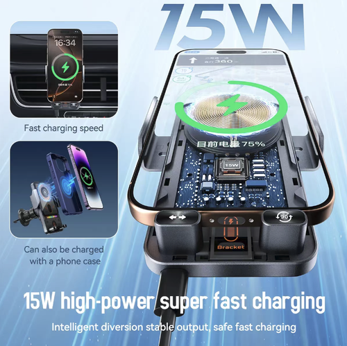Infrared sensor car-mounted wireless fast-charging stand, automatically electrically clamps when close, high-power wireless fast-charging with ventilation holes, bottom RGB gradient atmosphere lights. Air outlet adjustable base with 360° angle adjustment, soft rubber non-slip surface to prevent damage to the phone, compatible with various wireless charging mobile phones, dual function of driving navigation and charging.