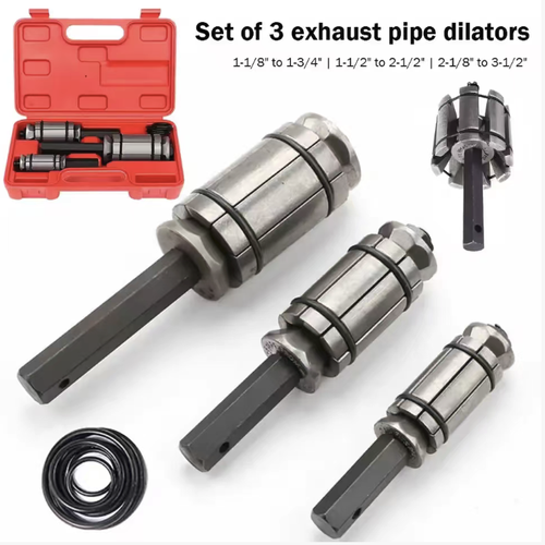 Automotive exhaust pipe expansion tool, suitable for pipe diameters of 29-89mm. Three sets of expansion heads cover all common specifications. Made of alloy steel, it is sturdy and wear-resistant. The manual mechanical expansion mechanism applies force evenly, and the expansion opening is smooth without damaging the pipe wall. The complete set comes with a pressure-resistant storage box, which is portable and easy to store.