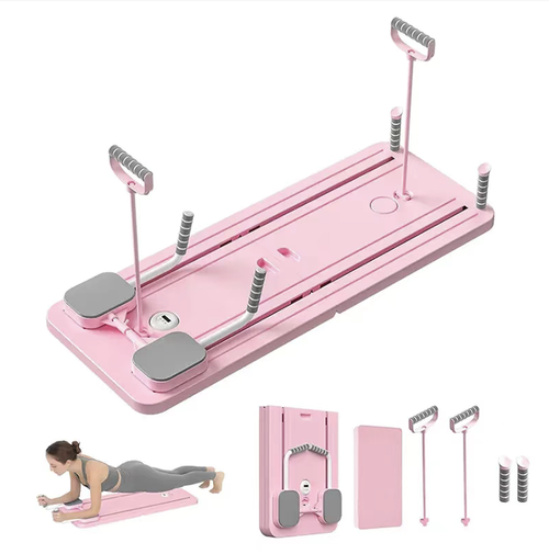Multi-functional home Pilates abdominal toning board, equipped with a timer function and a phone holder. It has multiple adjustable slope settings. Comes with a set of accessories including resistance bands, prone push-up frame, and knee guards. The material is sturdy and has strong load-bearing capacity. The anti-slip design ensures safe movement. It can be folded for storage and is very convenient for home fat reduction and body shaping.